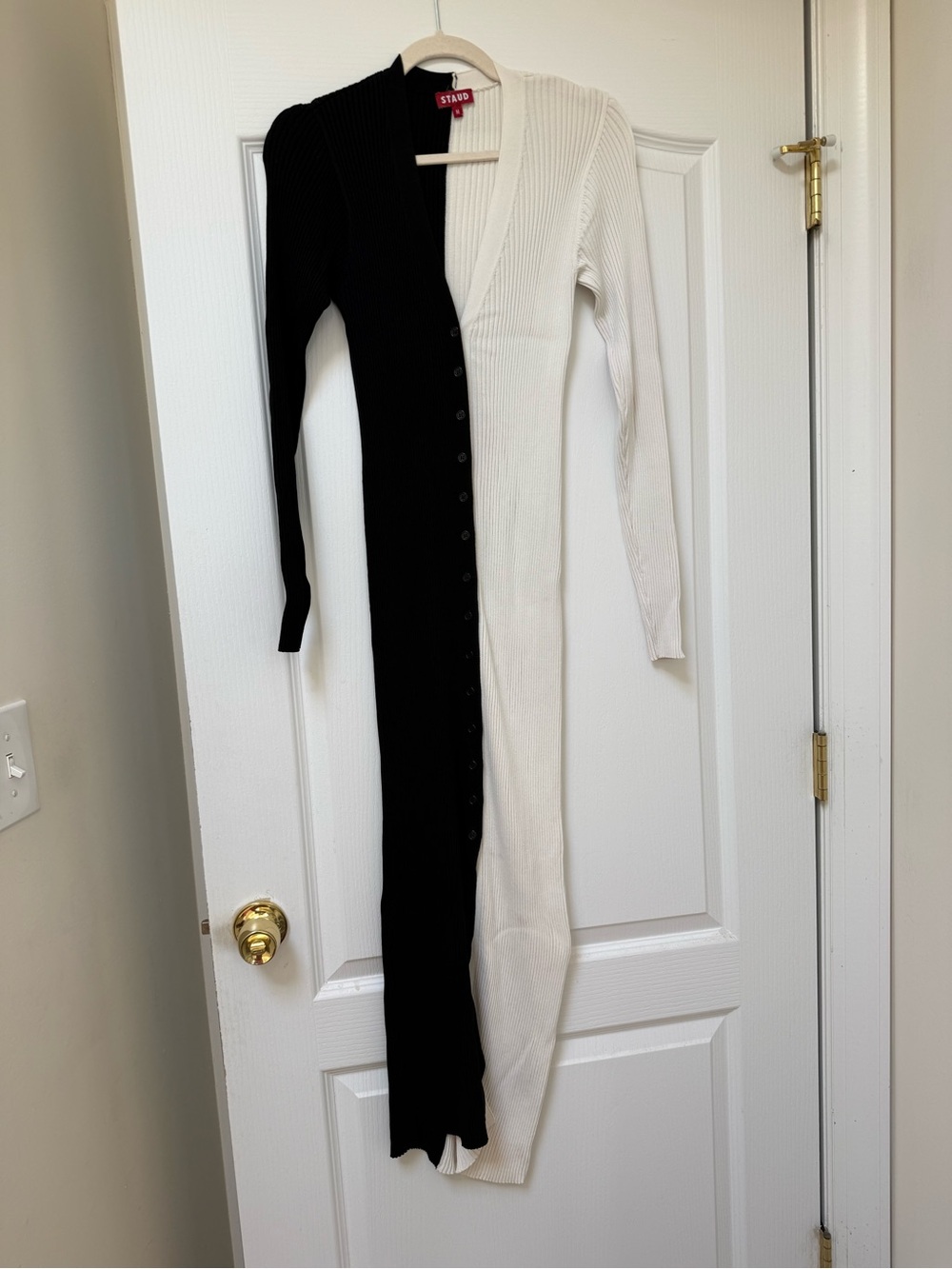 STAUD Shoko Colorblock Two-Tone Black and White Ribbed Button-Front Midi Dress - Picture 2 of 7